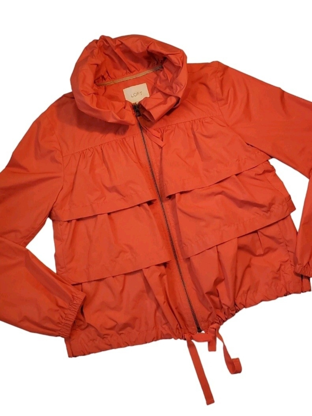 LOFT Coral-Orange Ruffle Zip Bomber Jacket